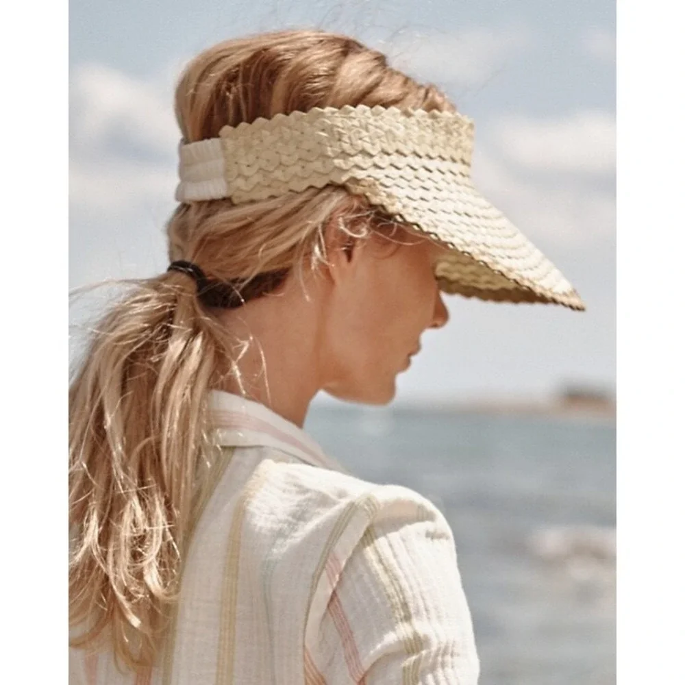 Lusana Baha Tan Iridescent Woven Straw Visor Scalloped Edge Sun Hat Elastic Back